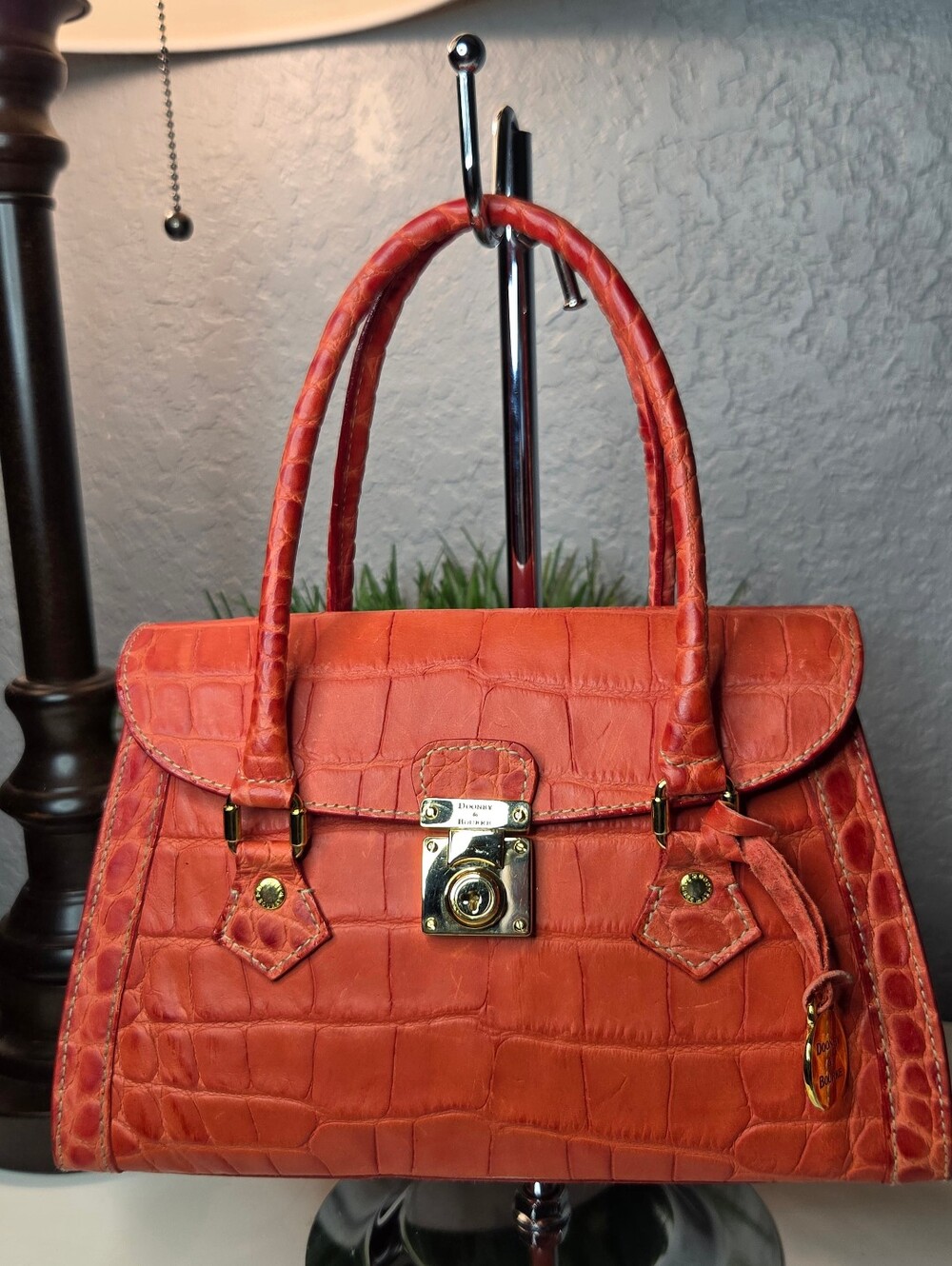 Vintage Dooney & Bourke Alto Italian Croc Embossed Leather Lock Satchel